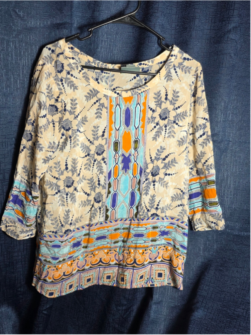 Women's Maeve Blouse Size 10 Beige Blue Floral Patterned Top boho Renaissance